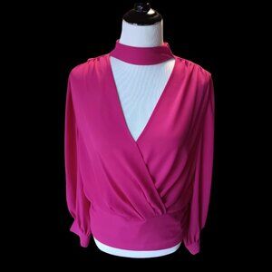 NY&CO Hot Pink choker neckline and deep surplice (wrap) Holiday Blouse size L
